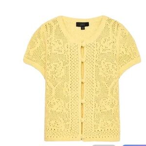 Zara New Yellow Eyelet Button-Front Short Sleeve Crochet  Knit Top S